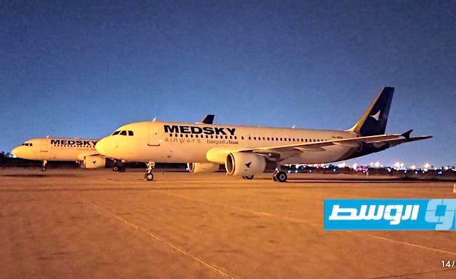 وصول بعض طائرات شركة «ميد سكاي» من دون ركاب لمطار مصراتة كإجراء احترازي من الشركات الناقلة، الإثنين 14 أغسطس 2023 (مطار مصراتة الدولي)