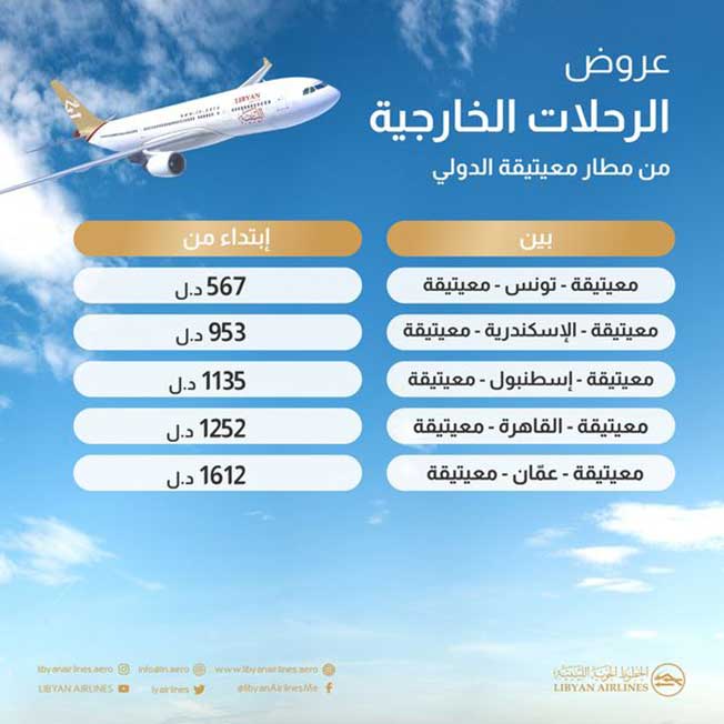 عرض أسعار رحلات الخطوط الليبية من مطار معيتيقة في طرابلس. (الخطوط الجوية الليبية)