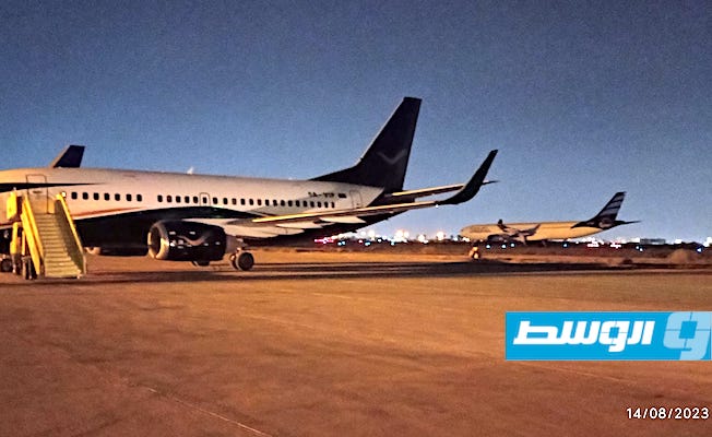 وصول بعض الطائرات من دون ركاب لمطار مصراتة كإجراء احترازي من الشركات الناقلة، الإثنين 14 أغسطس 2023 (مطار مصراتة الدولي)
