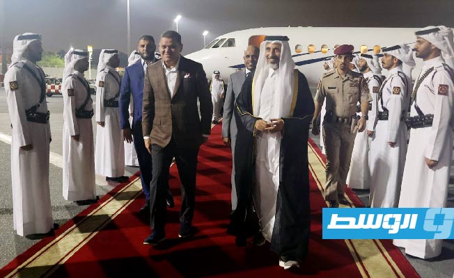 من مراسم استقبال الدبيبة والوفد المرافق له خلال زيارته قطر، 9 سبتمبر 2023. (المكتب الإعلامي للدبيبة)