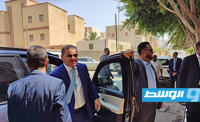 وصول الدبيبة إلى مقر السفارة الفلسطينية في طرابلس، الإثنين 28 أغسطس 2023. (الإنترنت)