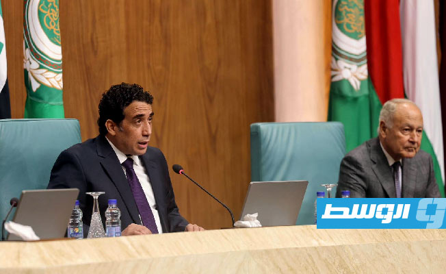 رئيس المجلس الرئاسي محمد المنفي يلقي كلمة أمام اجتماع المندوبين الدائمين للدول الأعضاء بجامعة الدول العربية بالقاهرة اليوم الثلاثاء، 27 ديسمبر 2022. (المجلس الرئاسي)