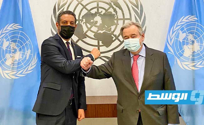 المندوب ليبيا الدائم لدى الأمم المتحدة طاهر السني يلتقي الأمين العام للأمم المتحدة أنطونيو غوتيريس، 7 يناير 2021. (تويتر)