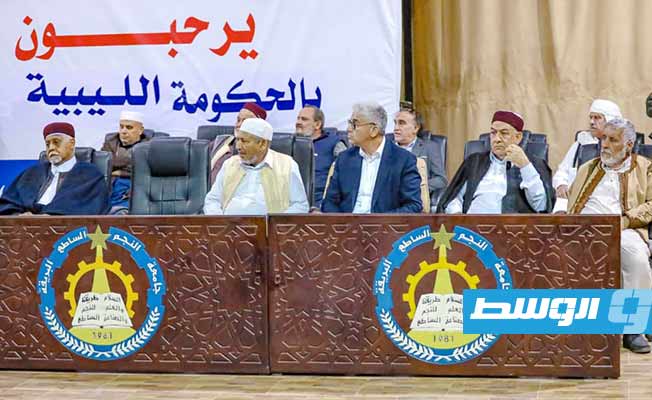 لقاء باشاغا مع شيوخ وأعيان منطقة الهلال النفطي، الأحد 24 أبريل 2022. (المكتب الإعلامي للحكومة الليبية)