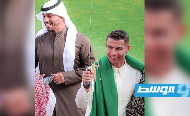 كرستيانو رونالدو يرتدي الزي السعودي خلال احتفالات نادي النصر بيوم التأسيس، 22 فبراير 2023. (الإنترنت)