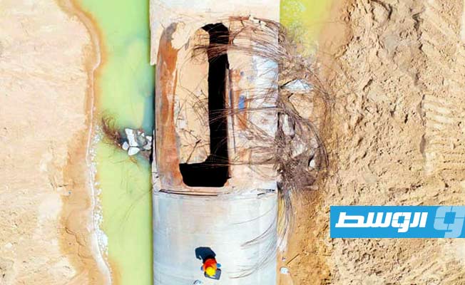 أعمال الإصلاحات في مسار «تازربو – بنغازي» بالنهر الصناعي، 3 أغسطس 2021. (النهر الصناعي)