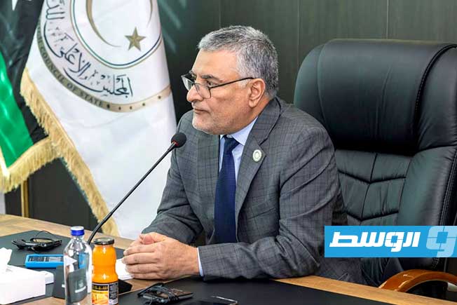 لقاء تكالة وتيتيه بحضور رؤساء اللجان الدائمة بمجلس الدولة، الثلاثاء 10 فبراير 2026. (المجلس الأعلى للدولة)