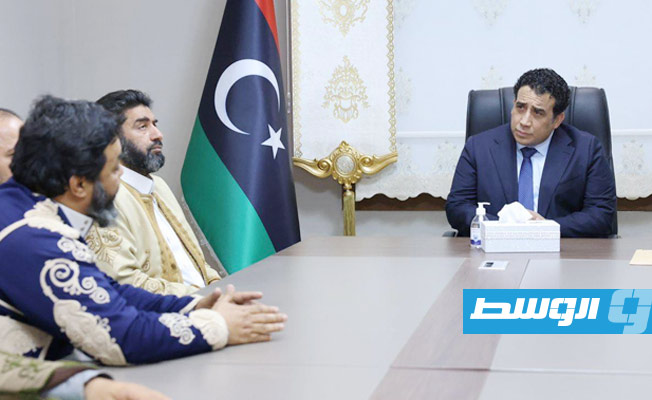 لقاء المنفي في طبرق مع وفد قبيلة القطعان، 16 أبريل 2022. (المجلس الرئاسي)