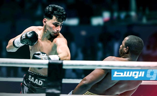 لمحة فنية خلال نزال الملاكم الليبي سعد الفلاح بالحزام الذهبي «WBA GOLD». (صفحة الملاكم الليبي سعد الفلاح عبر فيسبوك)