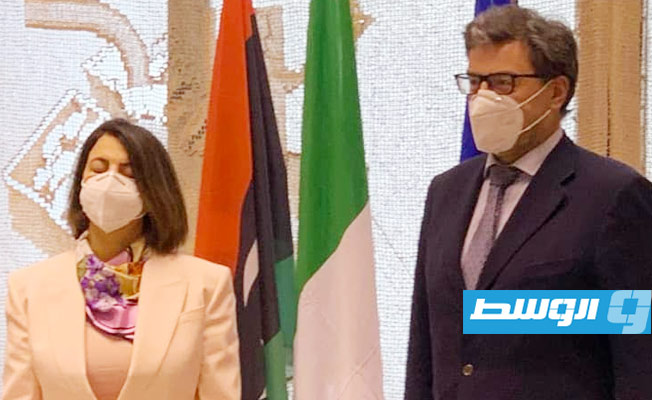 جانب من زيارة المنقوش إلى إيطاليا. (السفارة الليبية لدى روما)
