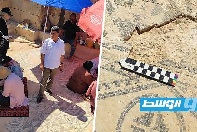 تدريب ميداني لطلبة تقنيات ترميم الآثار على حفظ فسيفساء حمامات المسرح الروماني بصبراتة. (فيسبوك)