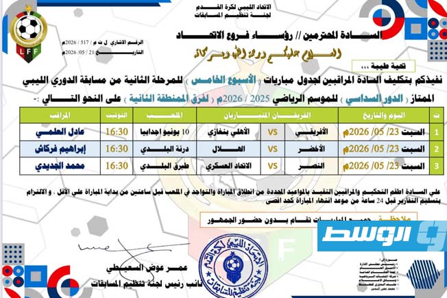 جدول مباريات المجموعة الثانية بالدور السداسي للدوري الليبي الممتاز (صفحة لجنة المسابقات على فيسبوك)