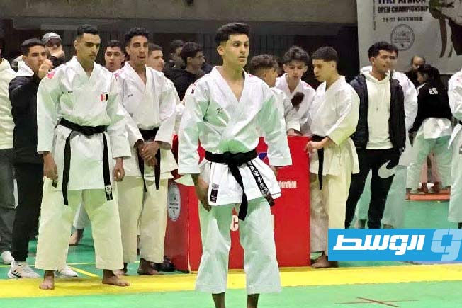 أبطال ليبيا أثناء منافسات اليوم الثاني ببطولة أفريقيا للكاراتيه 2025. الثلاثاء 23 ديسمبر 2025. (صفحة الأولمبي الليبي)