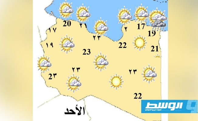 توزيع درجات الحرارة المتوقعة لليوم الأحد 20 ديسمبر 2020. (مركز الأرصاد الجوية)