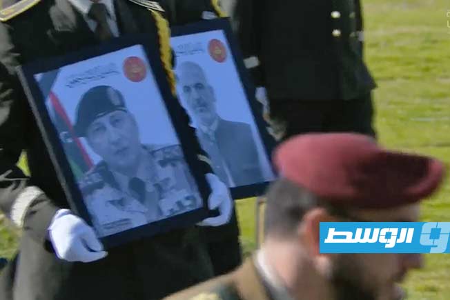 مراسم تأبين رئيس الأركان محمد الحداد ومرافقيه، السبت 27 ديسمبر 2025. (لقطة مثبتة من بث مباشر، منصة حكومتنا)