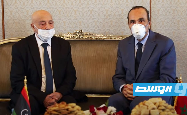 استقبال رئيس مجلس النواب المغربي للمستشار عقيلة صالح لدى وصوله الرباط، الخميس 3 يونيو 2021. (الإنترنت)