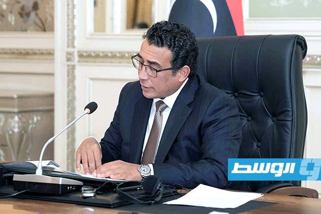 لقاء المنفي مع سفراء قطر والاتحاد الأوروبي وإيطاليا وروسيا وتركيا وإسبانيا والمملكة المتحدة واليونان والصين، إلى جانب نائب السفير الفرنسي، والقائم بالأعمال في سفارة المملكة العربية السعودية لدى ليبيا.، الأربعاء 24 يونيو 2026. (المجلس الرئاسي)