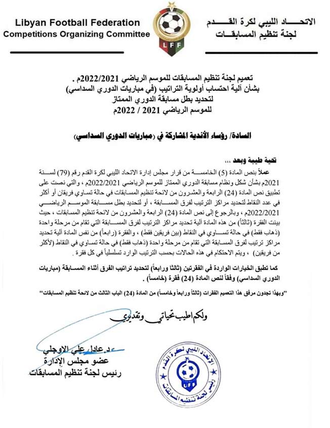 خطاب اتحاد الكرة الليبي. (فيسبوك)