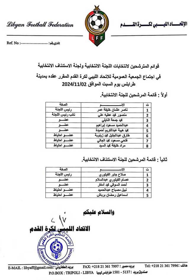 قوائم المترشجين للجان الانتخابية (صفحة الاتحاد الليبي لكرة القدم عبر صفحته بموقع فيسبوك)