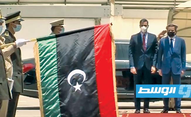 الدبيبة يستقبل نظيره الإسباني بمقر رئاسة الوزراء في طرابلس، 3 يونيو 2021. (الإنترنت)