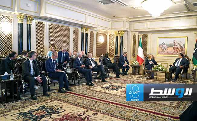 لقاء المنفي وميلوني في طرابلس، الثلاثاء 7 مايو 2024. (المجلس الرئاسي)