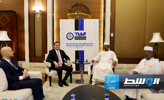 لقاء الدبيبة والرئيس التشادي قبل توقيع اتفاقية ترحيل المهاجرين غير النظاميين التشاديين إلى بلادهم، الأربعاء 17 يوليو 2024. (حكومتنا)
