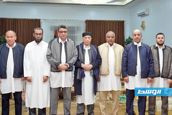 جانب من لقاء رئيس مجلس النواب عقيلة صالح رئيس ديوان المحاسبة خالد شكشك في القبة، السبت 22 مارس 2025 (المكتب الإعلامي لمجلس النواب)