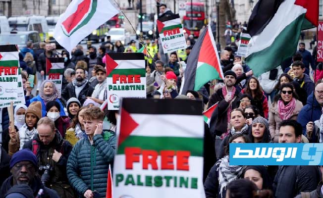 حشود كبيرة من البريطانيين في مظاهرة أمام مكتب رئيس الوزراء ريشي سوناك. (الإنترنت)