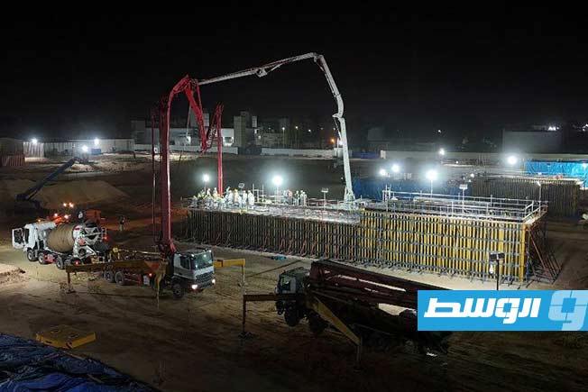 من أعمال صب خرسانة التوربينة الثالثة بمحطة جنوب طرابلس، 26 مارس 2025. (شركة الكهرباء)