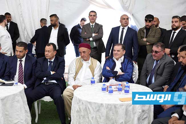 لقاء الدبيبة مع أعيان ووجهاء قماطة قصر الأخيار وقماطة العربان، الإثنين 4 مايو 2026. (حكومتنا)