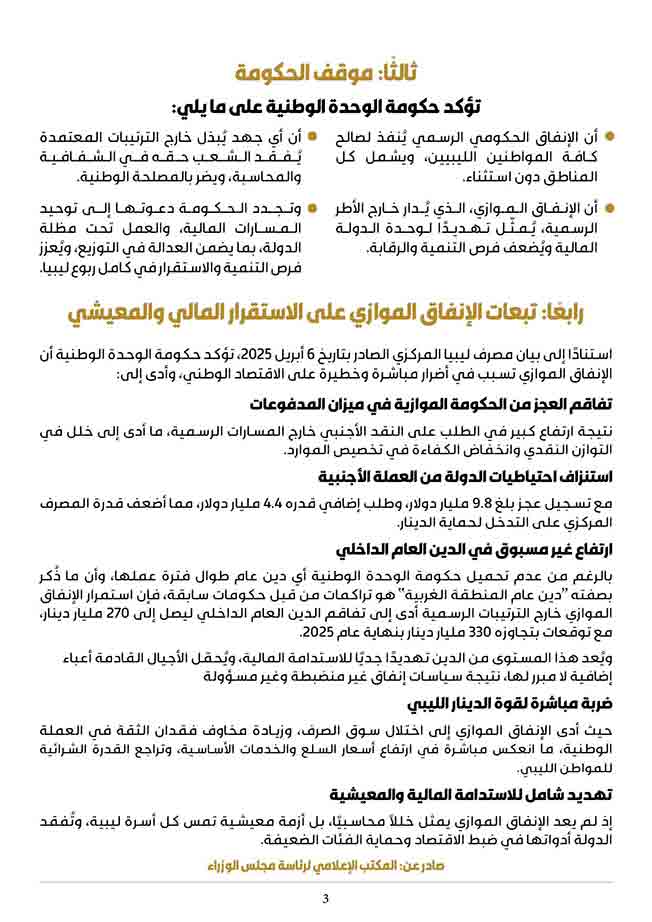 حكومة الوحدة: حجم الإنفاق الموازي بلغ 59 مليار دينار خلال العام 2024