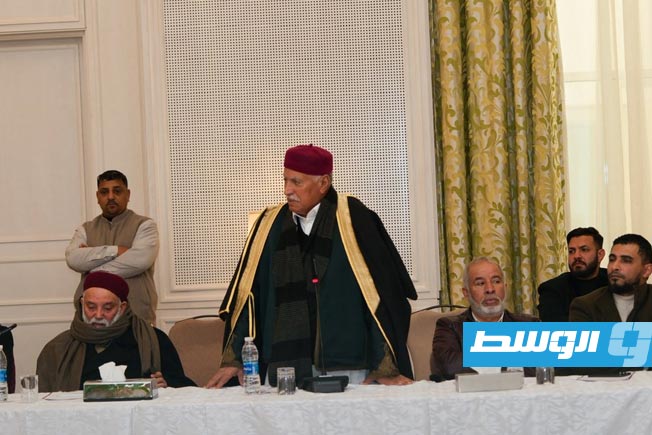 اجتماع بلقاسم حفتر مع أعيان ومشايخ الجبل الأخضر، الثلاثاء 6 يناير 2025. (صندوق التنمية وإعادة إعمار ليبيا)