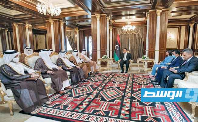 لقاء المنفي مع وزير الخارجية القطري والوفد المرافق له، الأحد 22 مايو 2021. (المجلس الرئاسي)