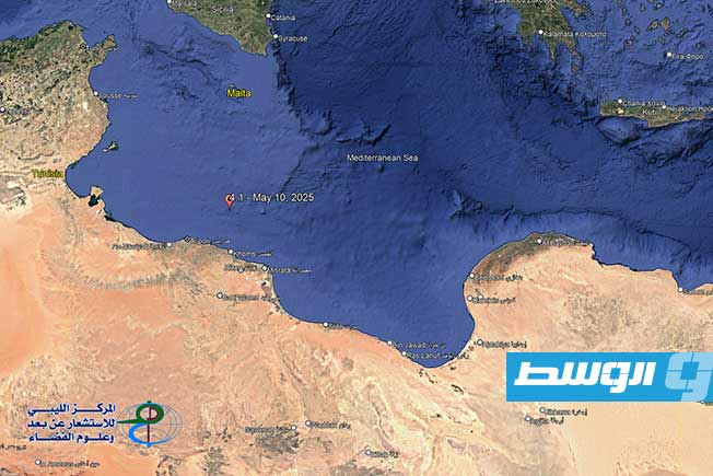 صورة بالقمر الصناعي تُظهر موقع هزة أرضية قبالة ساحل غرب ليبيا، 10 مايو 2025. (مركز رصد الزلازل الأوروبي المتوسطي)