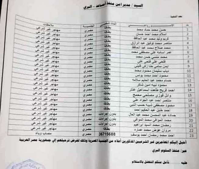 أسماء 41 مهاجراً غير نظامي مصري جرى ترحيلهم عبر منفذ امساعد البري، 31 مارس 2024. (جهاز مكافحة الهجرة غير الشرعية)
