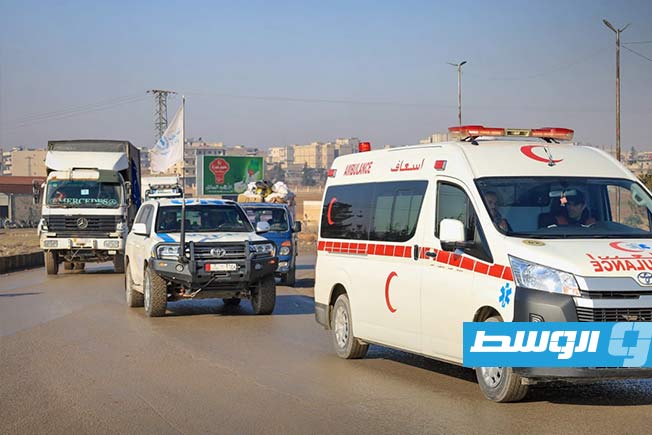 قافلة محمّلة بالمواد الطبية والإغاثية واللوجستية إلى منطقة عين العرب في ريف محافظة حلب. 25 يناير 2026. (سانا)