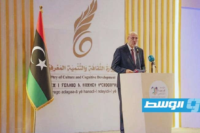 وزير الثقافة والتنمية المعرفية، سالم العالم، خلال فعاليات افتتاح «موسم ليبيا الثقافي 2026» في «فندق كورنثيا - قاعة لبدة» بطرابلس في 11 يوليو 2026. (موسم ليبيا الثقافي على فيسبوك))