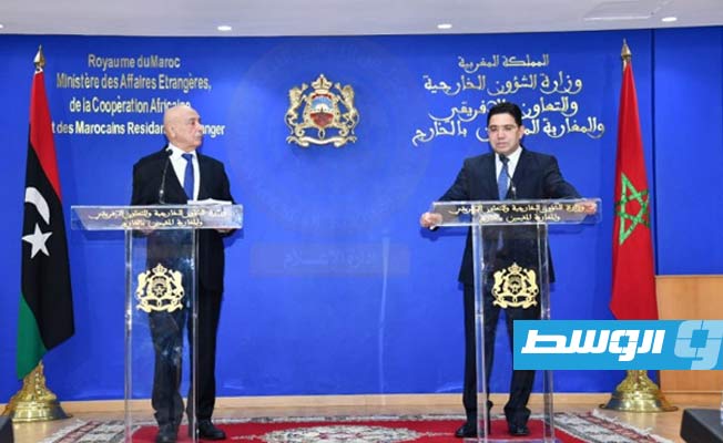 عقيلة صالح متحدثا خلال المؤتمر الصحفي مع وزير الخارجية المغربي ناصر بوريطة. (مجلس النواب)