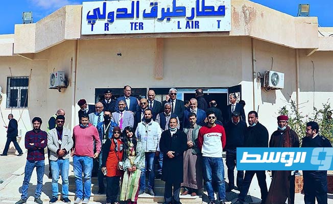 حفل ترحيب بوفد شركة برنيق للطيران المدني في مطار طبرق, 2 مارس 2021. (الإنترنت)