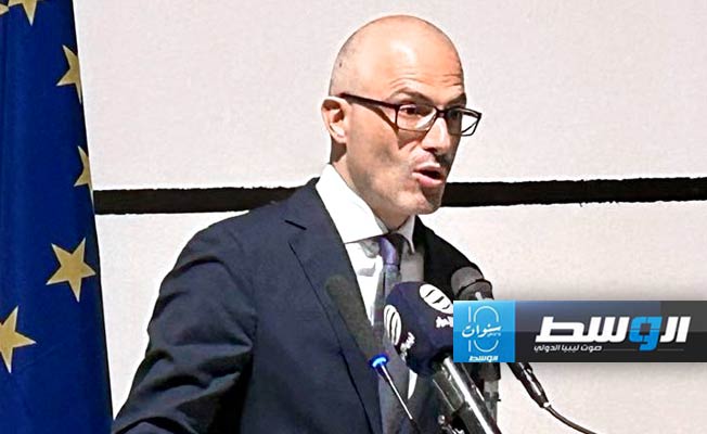 السفير الاتحاد الأوروبي متحدثا في افتتاح مؤتمر حماية التراث الليبي في طرابلس، الأحد 12 مايو 2024. (الإنترنت)