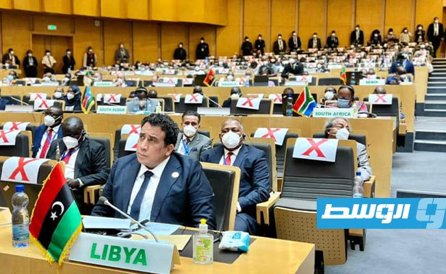 رئيس المجلس الرئاسي محمد المنفي خلال مشاركته في الجلسة الافتتاحية لأعمال قمة الاتحاد الأفريقي، في أديس أبابا، 5 فبراير. (المجلس الرئاسي)
