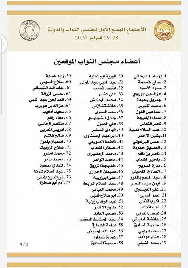 أسماء النواب الموقعين على محضر اتفاق أعضاء مجلسي النواب والدولة المشاركين في لقاء تونس، 28 فبراير 2024. (المجلس الأعلى للدولة)