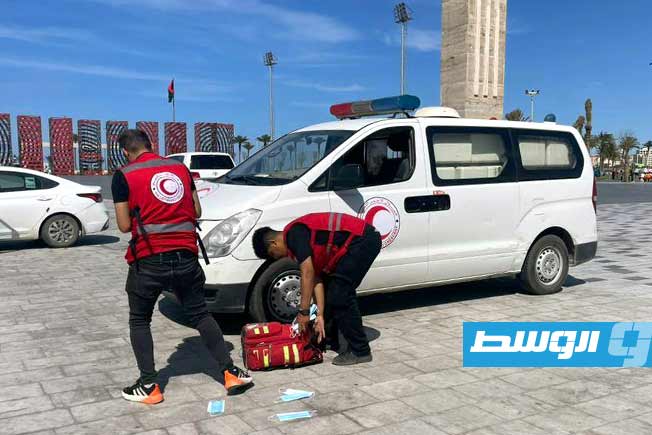 من استجابة فرق الحماية المدنية لبلاغ بشأن حريق في المتحف الوطني بطرابلس، الإثنين 4 مايو 2026 (الهلال الأحمر الليبي فرع طرابلس)