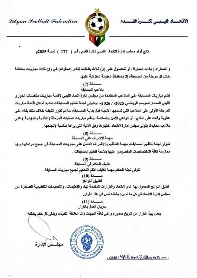 بيان اعتماد اتحاد الكرة الليبي للنظام الجديد لـ«دورينا». (صفحة الاتحاد الليبي لكرة القدم عبر فيسبوك)