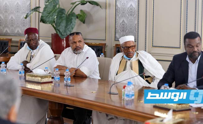 من لقاء الدبيبة مع أعيان تاورغاء وأعضاء من المجلس الأعلى للمصالحة، 7 يوليو 2021. (حكومة الوحدة الوطنية)