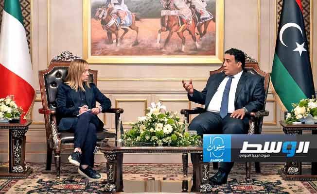 لقاء المنفي وميلوني في طرابلس، الثلاثاء 7 مايو 2024. (المجلس الرئاسي)