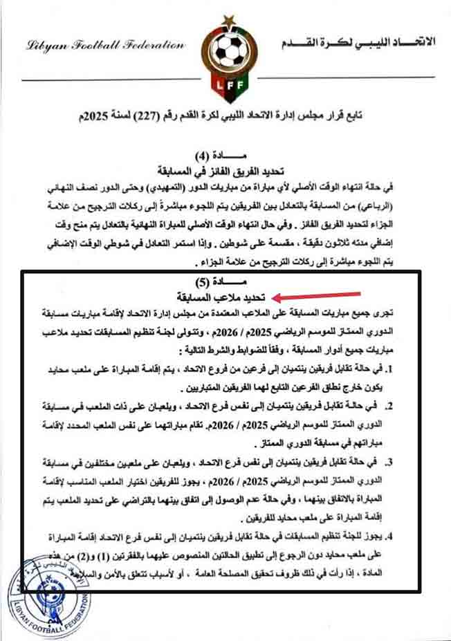 نص المادتين الرابعة والخامسة من قرار الاتحاد الليبي لكرة القدم رقم (227) لسنة 2025 (صفحة لجنة المسابقات على فيسبوك)
