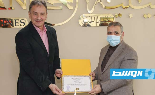 المشري خلال زيارته الخطوط الجوية الليبية، 24 مارس 2021. (المجلس الأعلى للدولة)