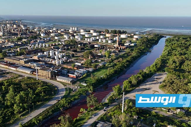 نهر في ضواحي بوينوس آيرس بالأرجنتين يتحول إلى اللون الأحمر. (رويترز)