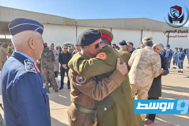 من المراسم العسكرية بالكلية الجوية في مصراتة لتوديع ضحايا طائرة الحداد في أنقرة، السبت 27 ديسمبر 2025 (المركز الإعلامي قوة مكافحه الإرهاب)